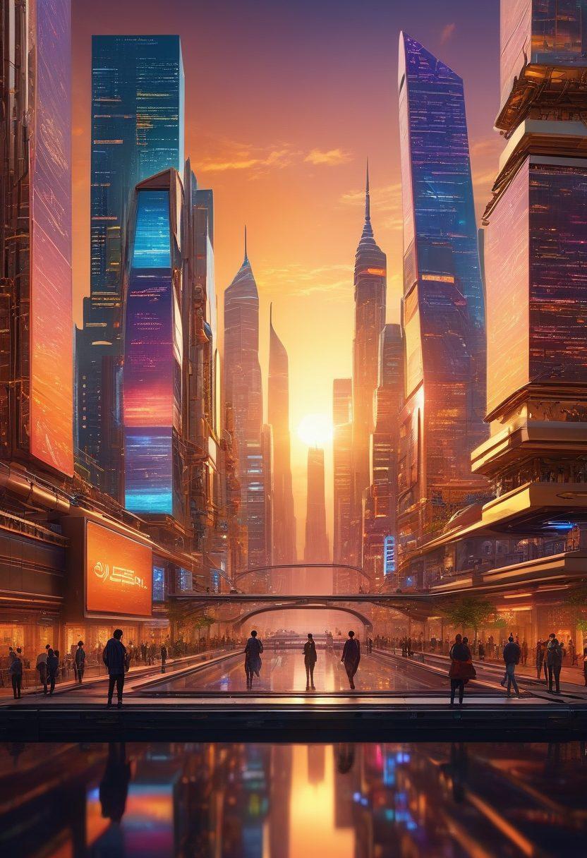 A futuristic landscape featuring a vibrant cityscape intertwined with giant digital code symbols representing Java. In the foreground, a diverse group of aspiring developers, both men and women, are gathered around holographic displays showcasing high-definition Java resources. The atmosphere is energetic and inspiring, with a sunset casting warm light on the scene. The background displays elements of technology and innovation, like circuits and algorithms. super-realistic. vibrant colors. 3D.