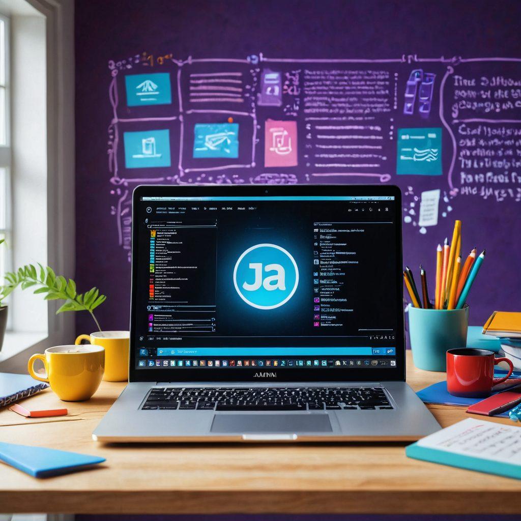 A visually striking workspace featuring a laptop displaying JAVA code on the screen, surrounded by colorful essential programming tools like books, notes, and coffee cups. Incorporate elements of digital tutorials and coding symbols in the background, creating an inspiring learning atmosphere. The color palette should be vibrant and engaging, evoking a sense of creativity and productivity. super-realistic. vibrant colors. 3D.
